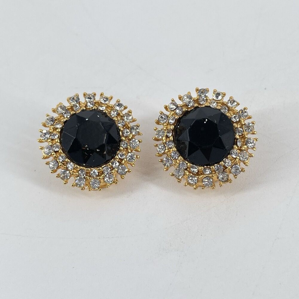 JAY S Signed Black Clear Stone Halo Clip-On Earrings Gold Tone 7/8”